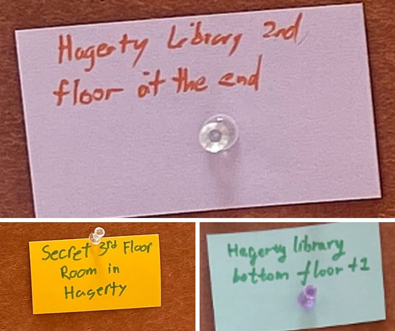 A grid of three hand-written post-it notes on a corkboard mentioning the Hagerty library