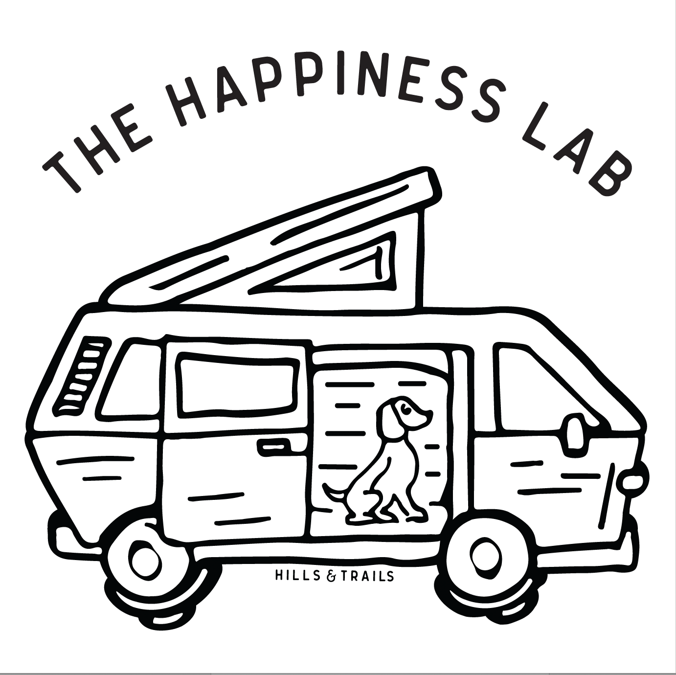 A black and white graphic of a van with the words "the Happiness Lab"
