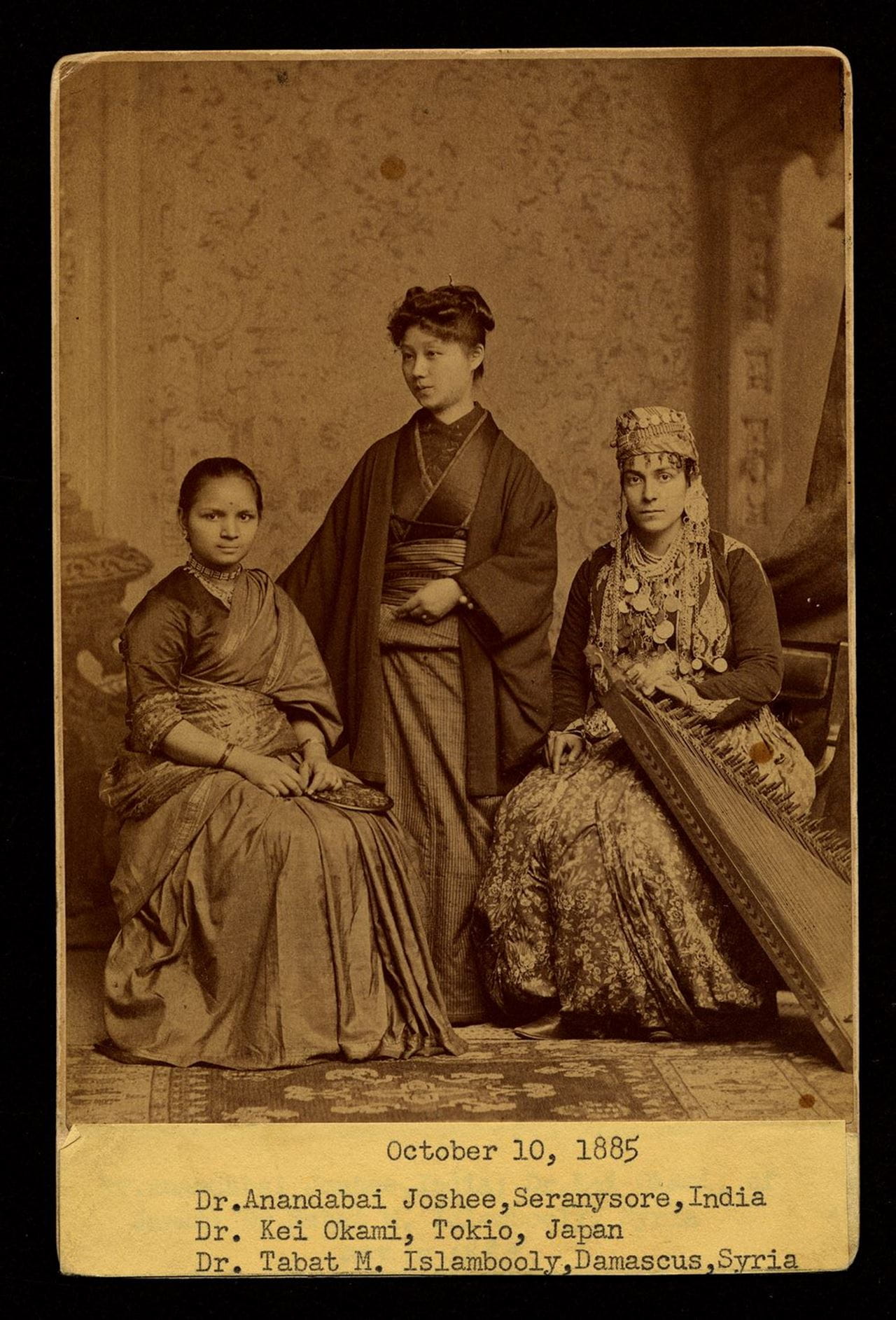 A historic, and slightly famous, 1885 photograph of three trailblazing WMCP students who were the first women in their respective home countries to earn a degree in Western medicine: Anandibai Joshee, MD 1886, from India; Kei Okami, MD 1889, from Japan; Sabat Islambooly, MD 1890, from Syria. Photo courtesy Legacy Center Archives & Special Collections.