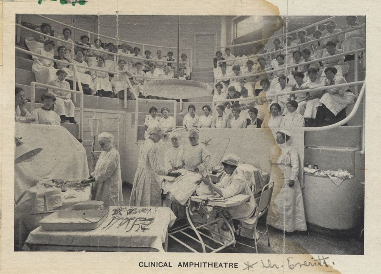 This photograph of WMCP students attending a clinical lecture in a surgical ampitheatre originally appeared in the 1916-17 Annual Announcement of the Woman's Medical College of Pennsylvania. Photo courtesy Legacy Center Archives & Special Collections.