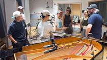 The Chujos and their staff — Daito Kashiwabara, Ayaka Ikeda and Renpei Washizu — shot behind-the-scenes content during their tour of the Music Industry Program’s flagship recording studio, Studio One, as Julien and Brendan Monahan, studio manager, looked on. Photo courtesy Monika Julien.