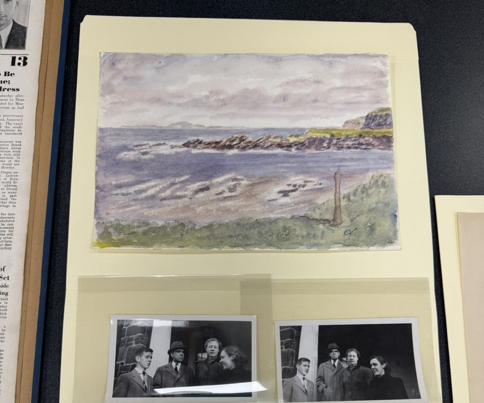 a watercolor painting next to three photographs