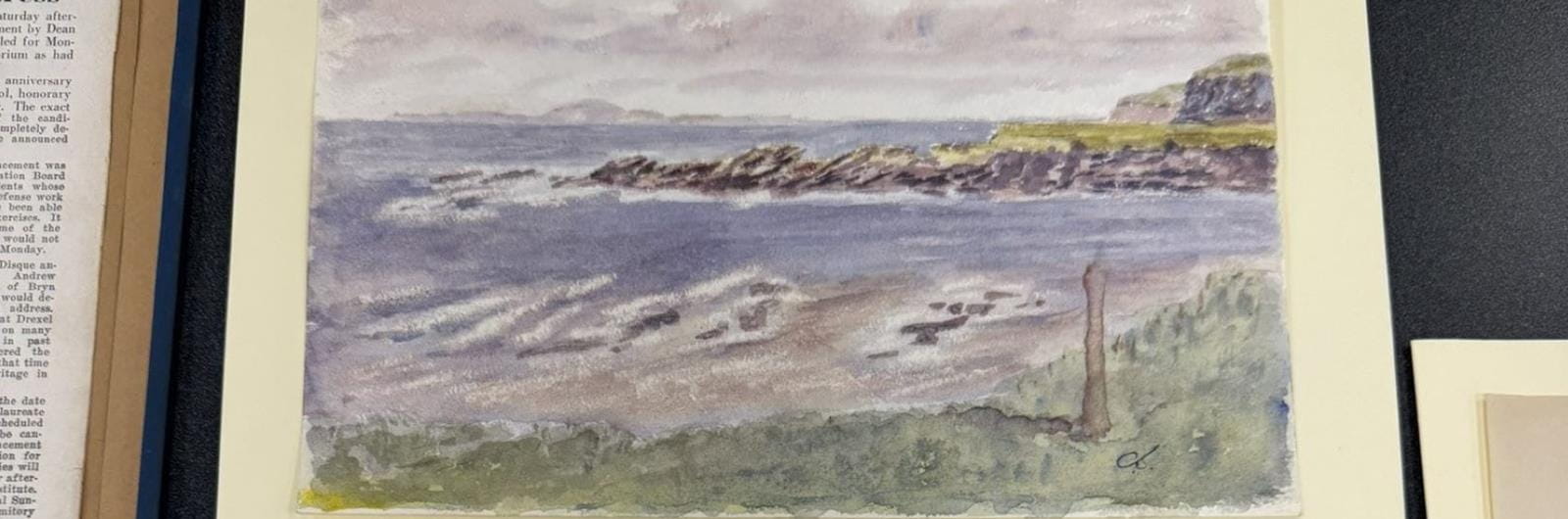 a watercolor painting next to three photographs