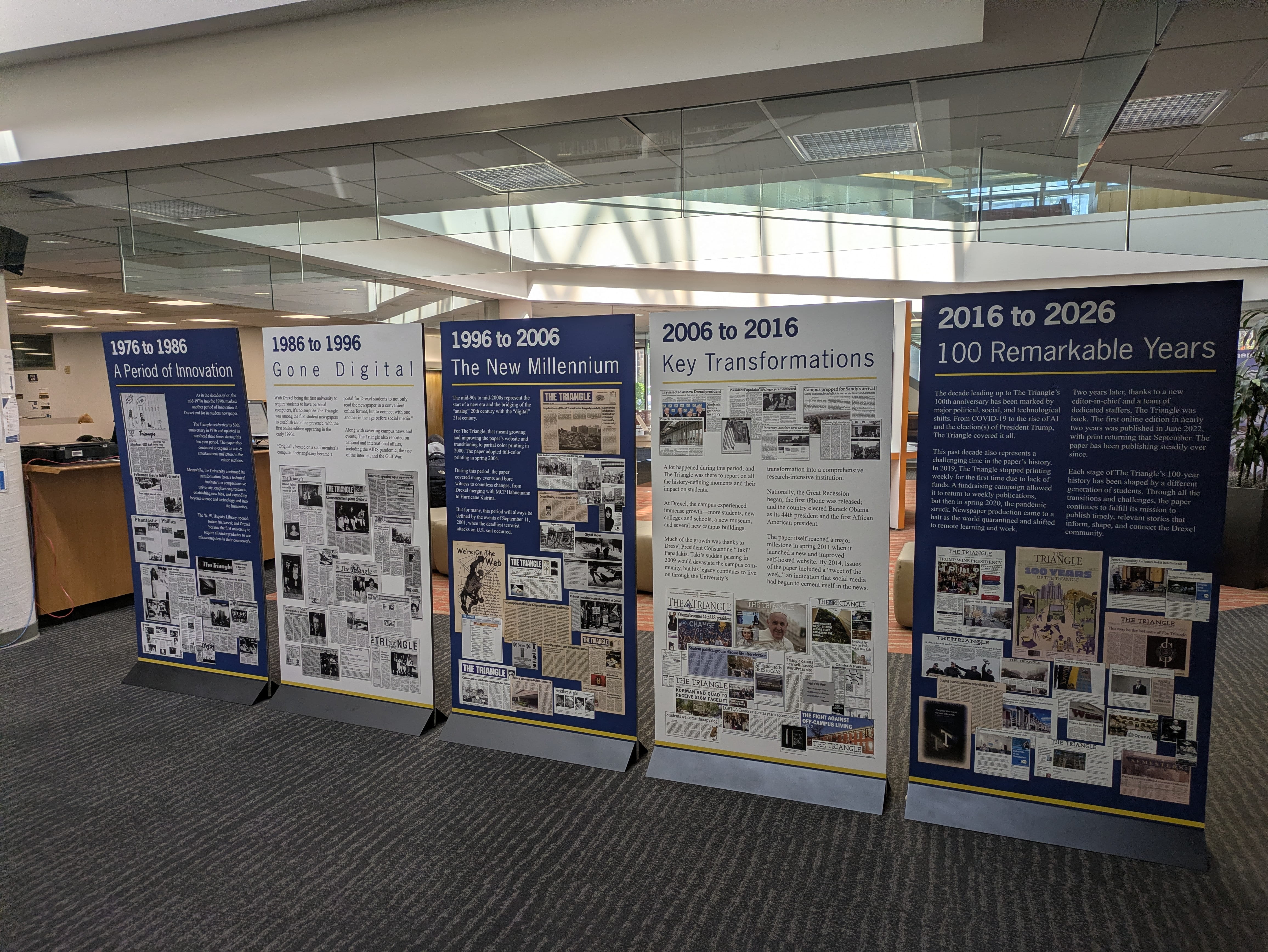 5 free-standing panels with information on The Triangle from 1976 to 2026