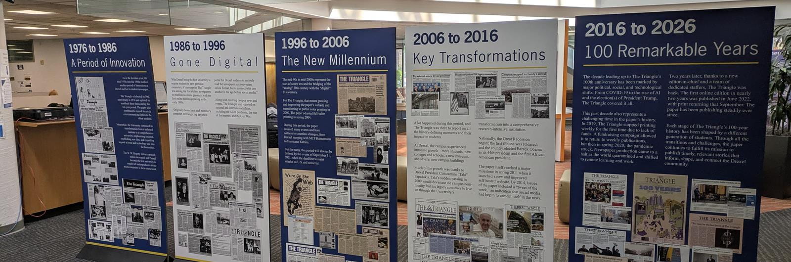 5 free-standing panels with information on The Triangle from 1976 to 2026