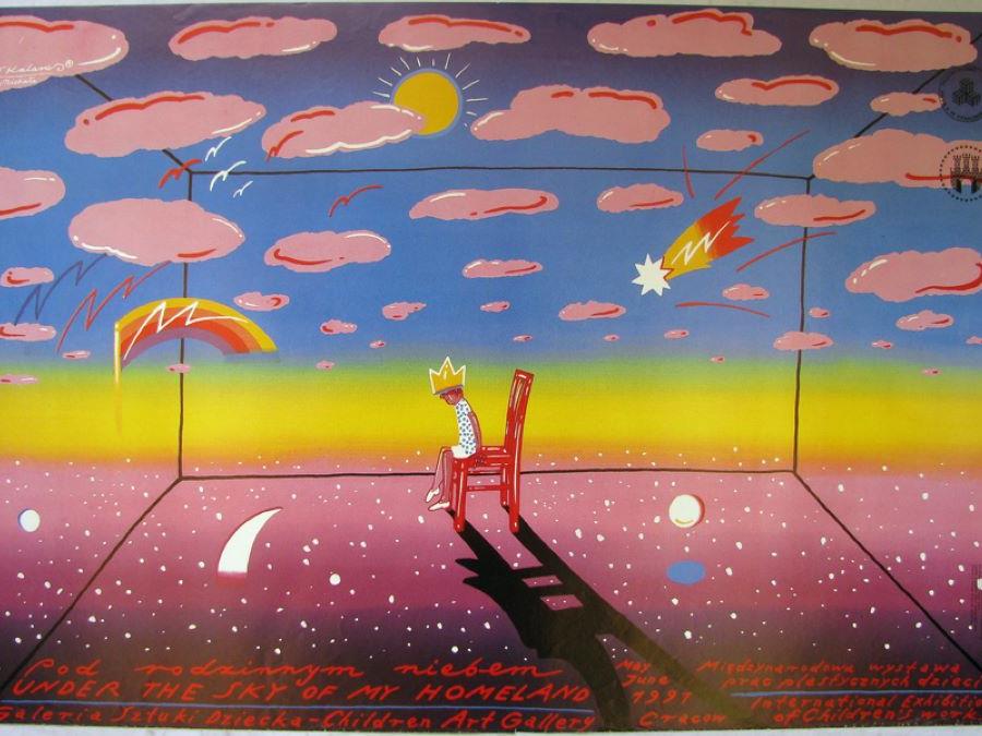 A poster from the Polish Posters collection with clouds and a young person sitting on a chair. There is text at the bottom with the artist's name and date