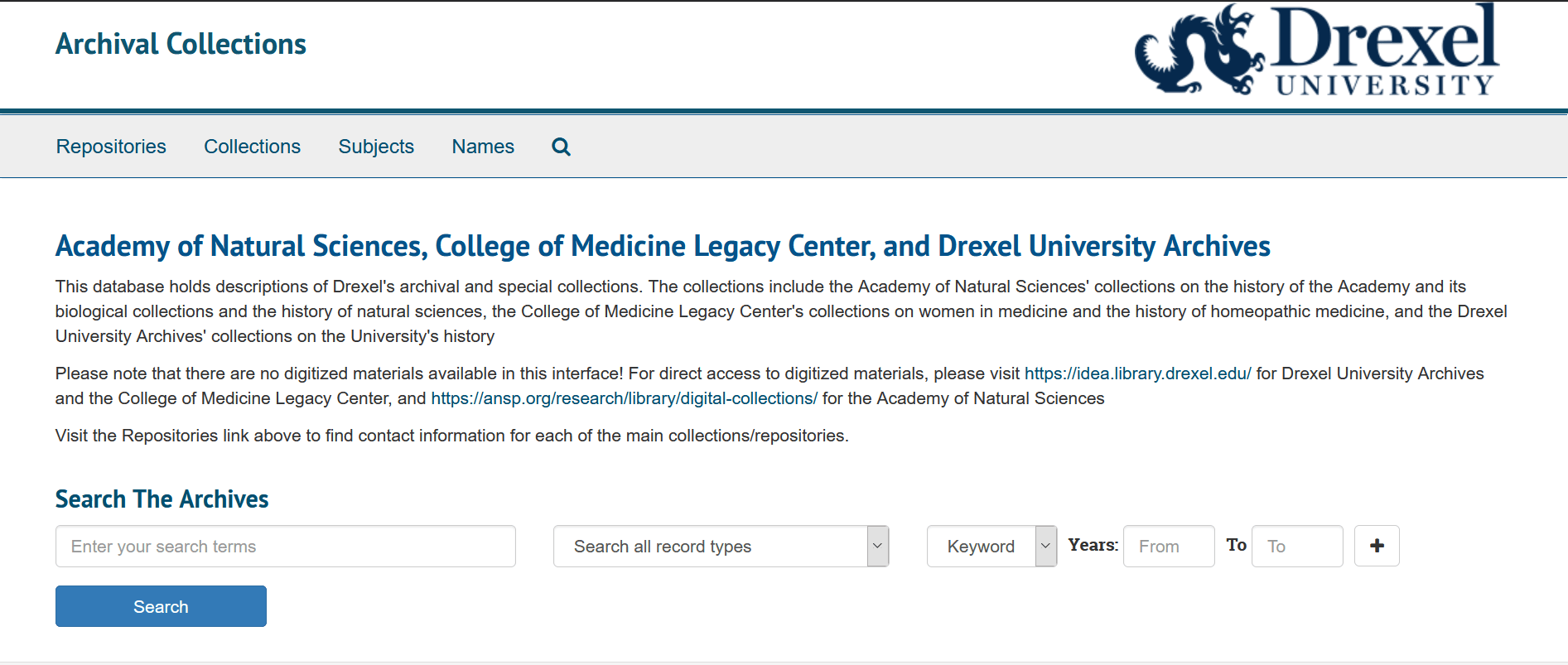 A screenshot of the new Drexel Archival Collections Database
