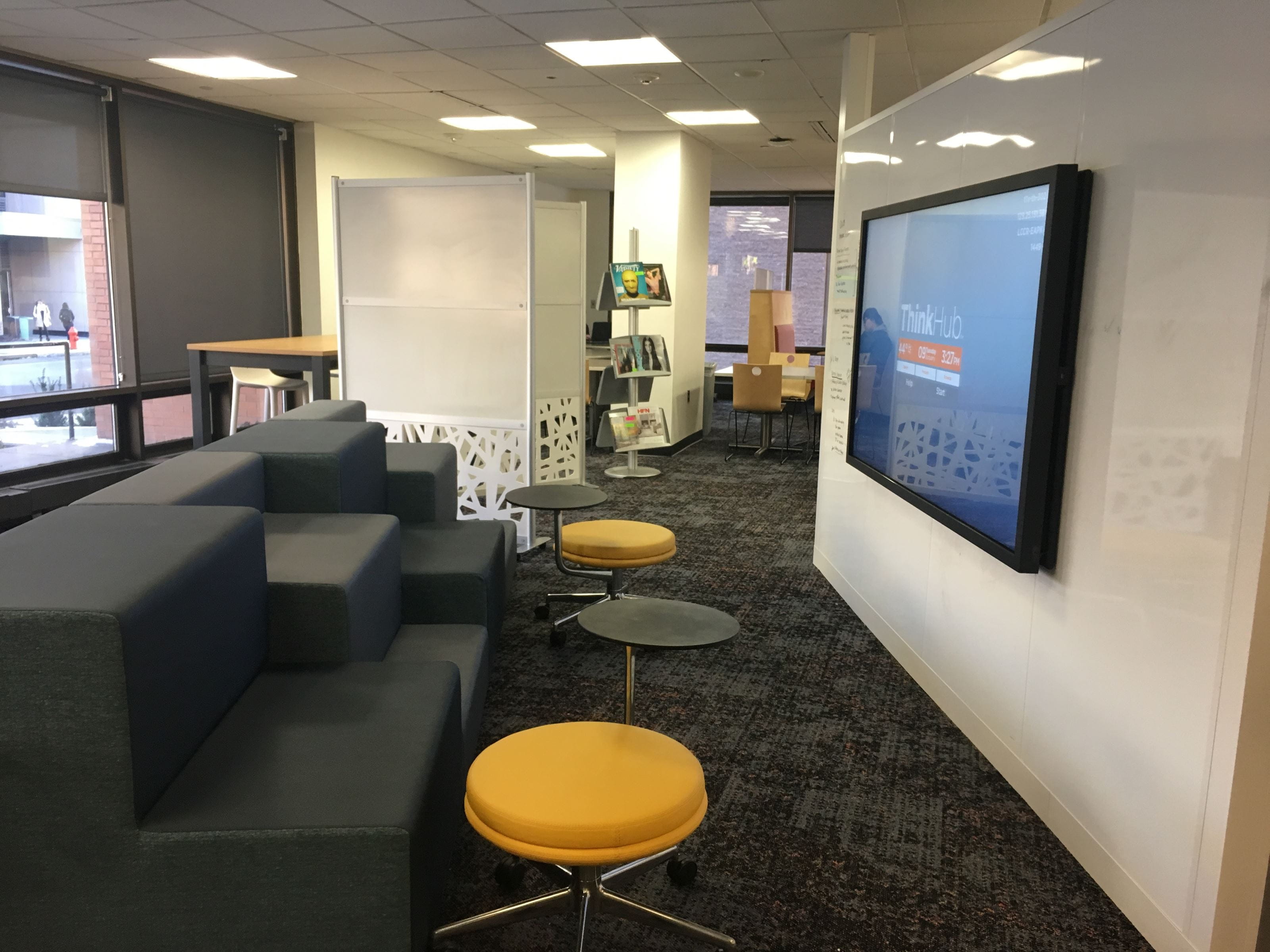 The Practice Zone in the W. W. Hagerty Library includes an 80" monitor and stadium-style seating